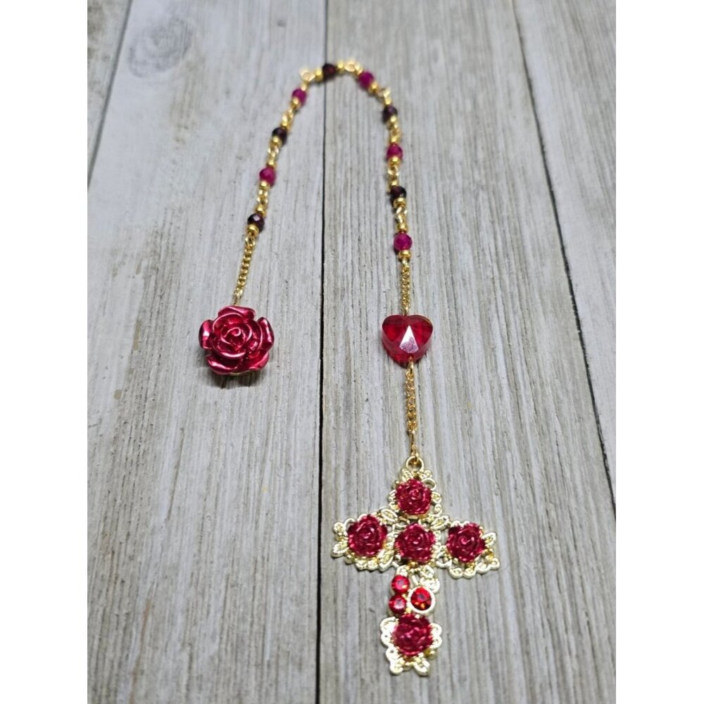 Rose & Heart Gold Colored Garnet and Ruby Gemstone Rosary Easter Christmas gift